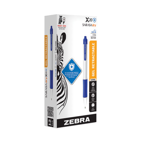 Image of Zebra® 41620 Sarasa Dry X20+ Gel Pen with Antimicrobial Product Protection, Retractable, Fine 0.7 mm, Blue Ink, White/Blue Barrel, Dozen