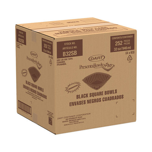 Image of DartÂ® PresentaBowls Pro Black Square Bowls, 32 oz, 8.5 x 8.5 x 2, Plastic, 63/Bag, 4 Bags/Carton