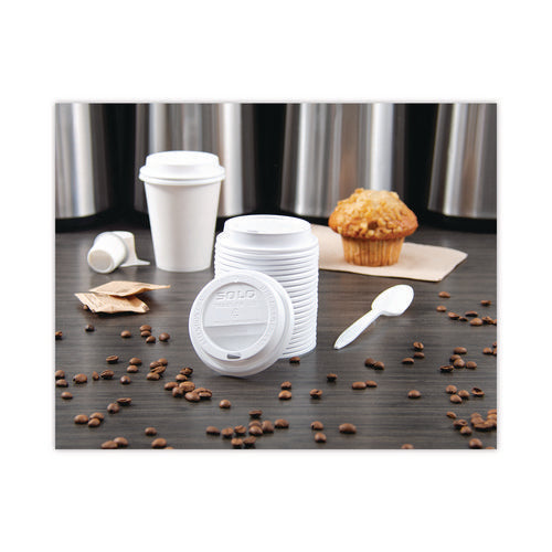 Image of SOLO® TL38R2-0007 Traveler Dome Hot Cup Lid, Fits 8 oz Hot Cups, Plastic, White, 100/Pack, 10 Packs/Carton