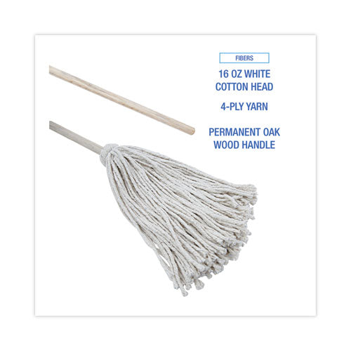 Image of Boardwalk® BWK116C Handle/Deck Mops, #16 White Cotton Head, 48" Natural Wood Handle