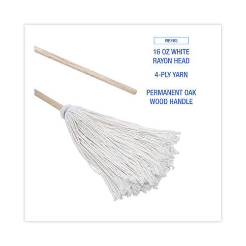 Image of Boardwalk® BWK116R Handle/Deck Mops, #16 White Rayon Head, 48" Natural Wood Handle