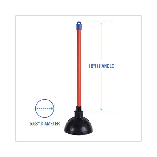 Image of Boardwalk® BWK09201EA Toilet Plunger, 18" Plastic Handle, 5.63" Dia, Red/black