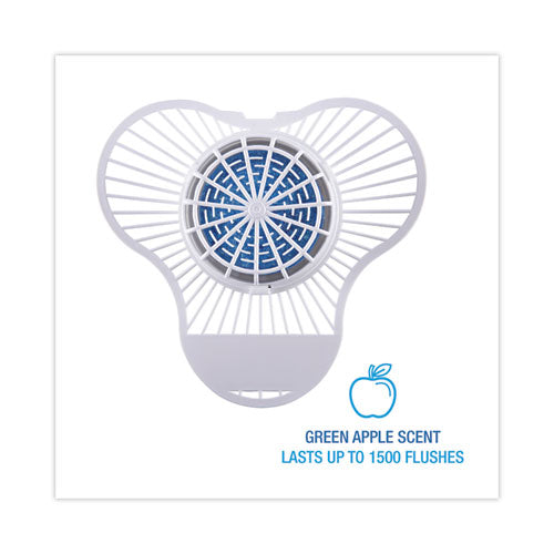 Image of Boardwalk® TBSP012I072M332143000 Urinal Screen with Non-Para Deodorizer Block, Green Apple Scent, Blue/White, 3.25 oz, 12/Box