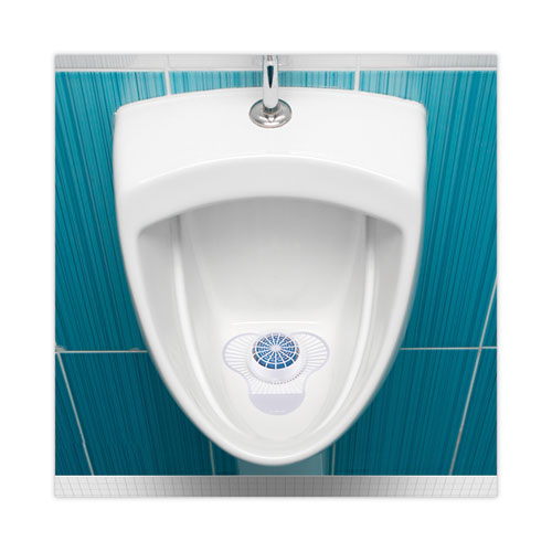 Image of Boardwalk® TBSP012I072M332143000 Urinal Screen with Non-Para Deodorizer Block, Green Apple Scent, Blue/White, 3.25 oz, 12/Box