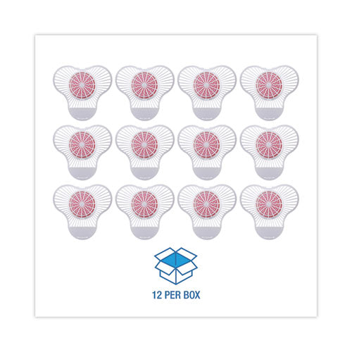 Image of Boardwalk® 3USPBP012I072M202143000 Urinal Screen with Para Deodorizer Block, Cherry Scent, Red/White, 3 oz, 12/Box