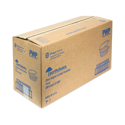 Image of Pactiv Evergreen 0CA910160000 EarthChoice Recycled PET Hinged Container, 16 oz, 4.92 x 5.87 x 2.48, Clear, Plastic, 200/Carton