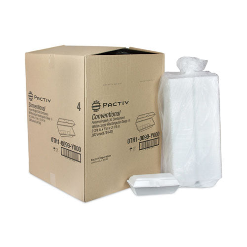 Image of Pactiv Evergreen 0TH10099Y000 Foam Hinged Lid Containers, Single Tab Lock Hoagie, 9.8 x 5 x 3.3, White, 560/Carton