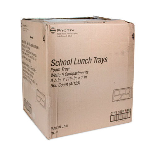 Image of Pactiv Evergreen 0TH10601SGBX Foam School Trays, 6-Compartment Tray, 8.5 x 11.5 x 1.25, White, 500/Carton