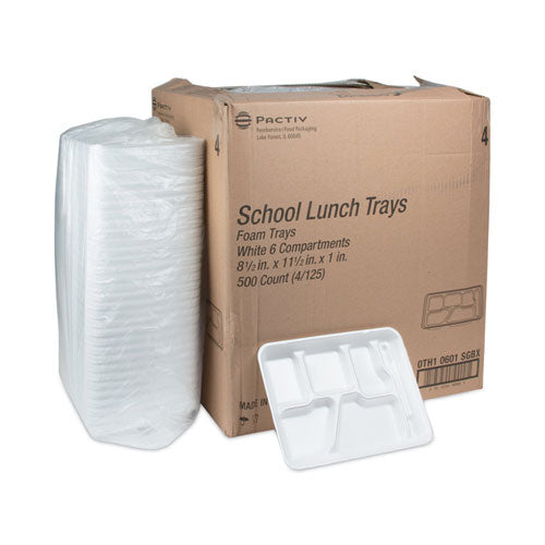 Image of Pactiv Evergreen 0TH10601SGBX Foam School Trays, 6-Compartment Tray, 8.5 x 11.5 x 1.25, White, 500/Carton