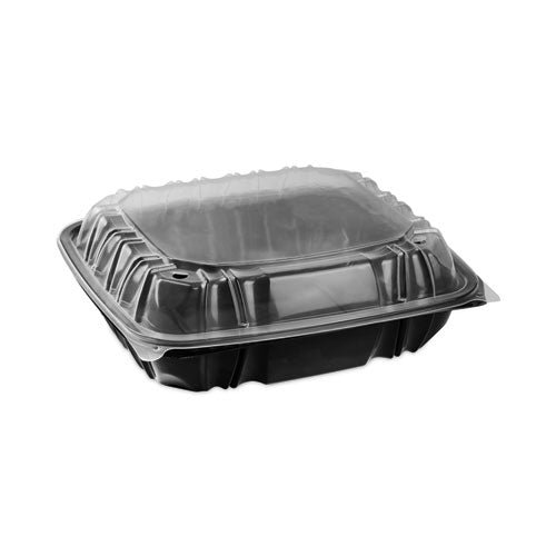 Image of Pactiv Evergreen DC109100B000 EarthChoice Vented Dual Color Microwavable Hinged Lid Container, 66 oz, 10.5 x 9.5 x 3.1, Black/Clear, Plastic, 132/Carton