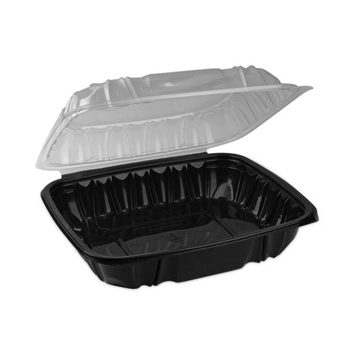 Image of Pactiv Evergreen DC109100B000 EarthChoice Vented Dual Color Microwavable Hinged Lid Container, 66 oz, 10.5 x 9.5 x 3.1, Black/Clear, Plastic, 132/Carton