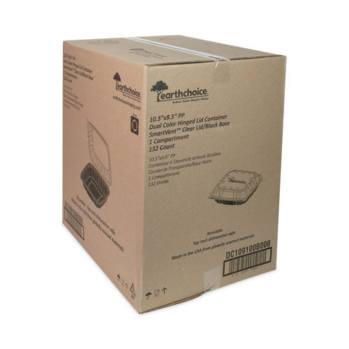 Image of Pactiv Evergreen DC109100B000 EarthChoice Vented Dual Color Microwavable Hinged Lid Container, 66 oz, 10.5 x 9.5 x 3.1, Black/Clear, Plastic, 132/Carton