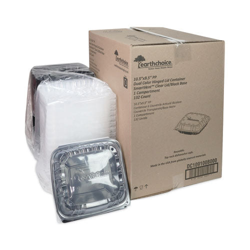 Image of Pactiv Evergreen DC109100B000 EarthChoice Vented Dual Color Microwavable Hinged Lid Container, 66 oz, 10.5 x 9.5 x 3.1, Black/Clear, Plastic, 132/Carton