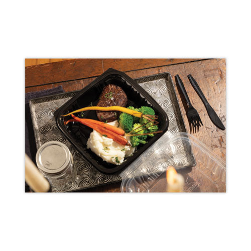Image of Pactiv Evergreen DC109100B000 EarthChoice Vented Dual Color Microwavable Hinged Lid Container, 66 oz, 10.5 x 9.5 x 3.1, Black/Clear, Plastic, 132/Carton