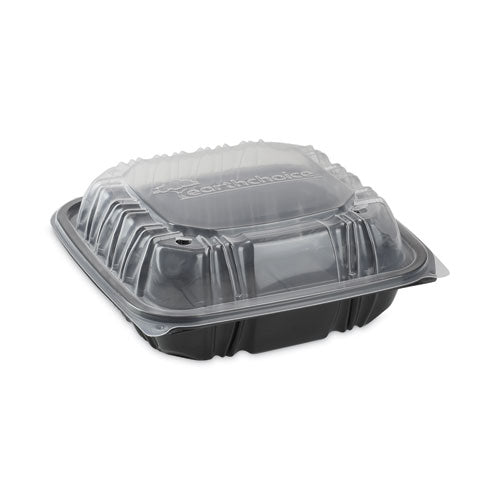 Image of Pactiv Evergreen DC858100B000 EarthChoice Vented Dual Color Microwavable Hinged Lid Container, 38 oz, 8.5 x 8.6 x 3.1, Black/Clear, Plastic, 150/Carton
