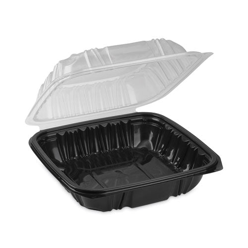 Image of Pactiv Evergreen DC858100B000 EarthChoice Vented Dual Color Microwavable Hinged Lid Container, 38 oz, 8.5 x 8.6 x 3.1, Black/Clear, Plastic, 150/Carton