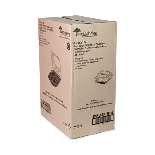 Image of Pactiv Evergreen DC858100B000 EarthChoice Vented Dual Color Microwavable Hinged Lid Container, 38 oz, 8.5 x 8.6 x 3.1, Black/Clear, Plastic, 150/Carton