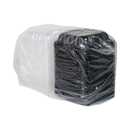 Image of Pactiv Evergreen DC858100B000 EarthChoice Vented Dual Color Microwavable Hinged Lid Container, 38 oz, 8.5 x 8.6 x 3.1, Black/Clear, Plastic, 150/Carton
