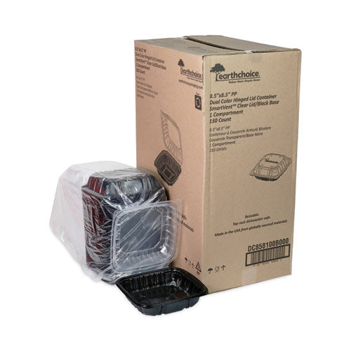 Image of Pactiv Evergreen DC858100B000 EarthChoice Vented Dual Color Microwavable Hinged Lid Container, 38 oz, 8.5 x 8.6 x 3.1, Black/Clear, Plastic, 150/Carton