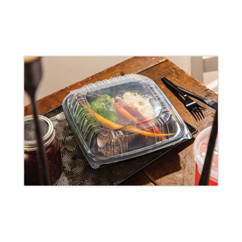 Image of Pactiv Evergreen DC858100B000 EarthChoice Vented Dual Color Microwavable Hinged Lid Container, 38 oz, 8.5 x 8.6 x 3.1, Black/Clear, Plastic, 150/Carton