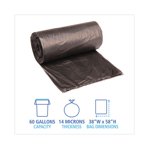Image of Boardwalk® V7658HKKR01 High-Density Can Liners, 60 gal, 14 mic, 38" x 58", Black, Perforated Roll, 25 Bags/Roll, 8 Rolls/Carton