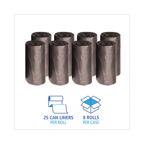 Image of Boardwalk® V7658HKKR01 High-Density Can Liners, 60 gal, 14 mic, 38" x 58", Black, Perforated Roll, 25 Bags/Roll, 8 Rolls/Carton