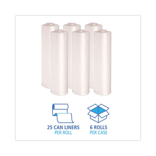 Image of Boardwalk® V8046ENKR01 High-Density Can Liners, 45 gal, 19 mic, 40" x 46", Natural, Perforated Roll, 25 Bags/Roll, 6 Rolls/Carton