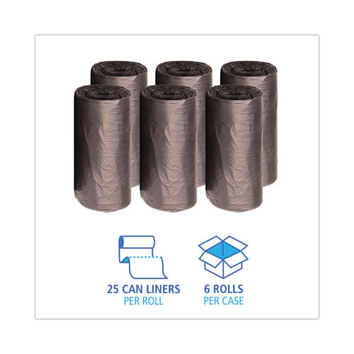 Image of Boardwalk® V8046EKKR01 High-Density Can Liners, 45 gal, 19 mic, 40" x 46", Black, Perforated Roll, 25 Bags/Roll, 6 Rolls/Carton