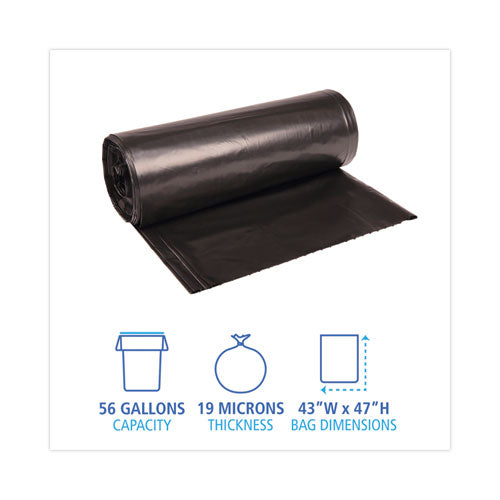 Image of Boardwalk® V8647EKKR01 High-Density Can Liners, 56 gal, 19 mic, 43" x 47", Black, Perforated Roll, 25 Bags/Roll, 6 Rolls/Carton