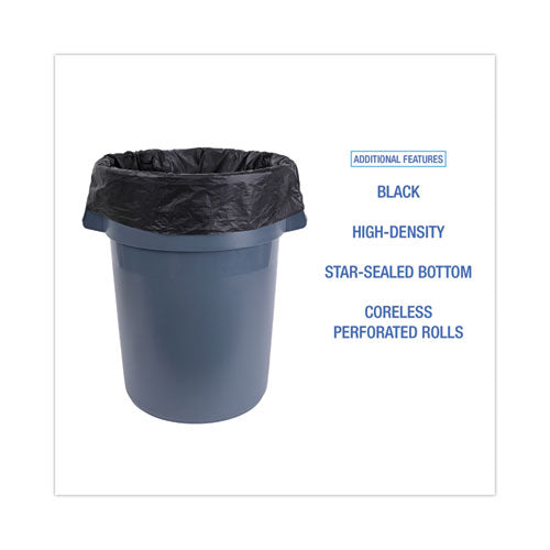 Image of Boardwalk® V8647EKKR01 High-Density Can Liners, 56 gal, 19 mic, 43" x 47", Black, Perforated Roll, 25 Bags/Roll, 6 Rolls/Carton