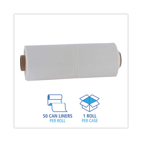 Image of Boardwalk® K7663WCK Industrial Can Liner Rolls, 60 gal, 2.7 mil, 21" x 17" x 63", Clear, 50/Carton