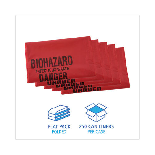 Image of Boardwalk® A4832PRK Linear Low Density Health Care Trash Can Liners, 16 gal, 1.3 mil, 24" x 32", Red, Flat Pack, 250/Carton