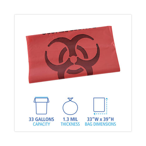 Image of Boardwalk® A6639PRK Linear Low Density Health Care Trash Can Liners, 33 gal, 1.3 mil, 33" x 39", Red, Flat Pack, 150/Carton