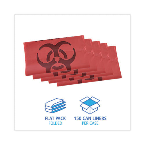 Image of Boardwalk® A6639PRK Linear Low Density Health Care Trash Can Liners, 33 gal, 1.3 mil, 33" x 39", Red, Flat Pack, 150/Carton