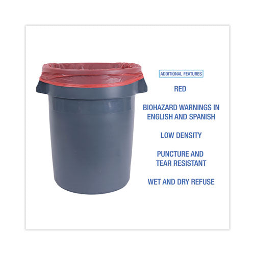 Image of Boardwalk® A6639PRK Linear Low Density Health Care Trash Can Liners, 33 gal, 1.3 mil, 33" x 39", Red, Flat Pack, 150/Carton