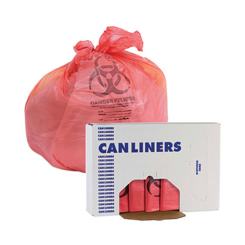 Image of Boardwalk® A6639PRK Linear Low Density Health Care Trash Can Liners, 33 gal, 1.3 mil, 33" x 39", Red, Flat Pack, 150/Carton