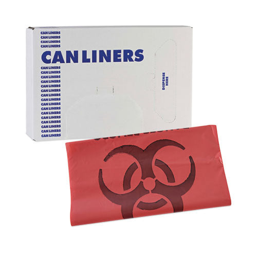 Image of Boardwalk® A6639PRK Linear Low Density Health Care Trash Can Liners, 33 gal, 1.3 mil, 33" x 39", Red, Flat Pack, 150/Carton