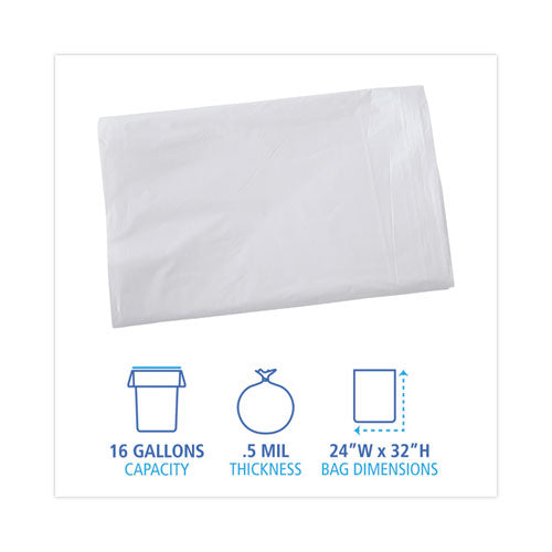 Image of Boardwalk® H4832MWK Linear Low Density Industrial Can Liners, 16 gal, 0.5 mil, 24" x 32", White, Flat Pack, 500/Carton