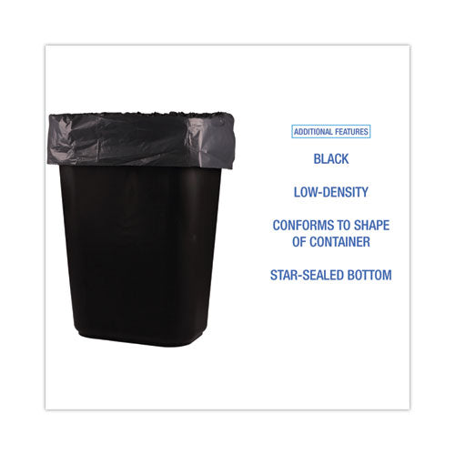 Image of Boardwalk® W4832YKKR01 Low-Density Waste Can Liners, 16 gal, 1 mil, 24" x 32", Black, Perforated Roll, 10 Bags/Roll, 15 Rolls/Carton
