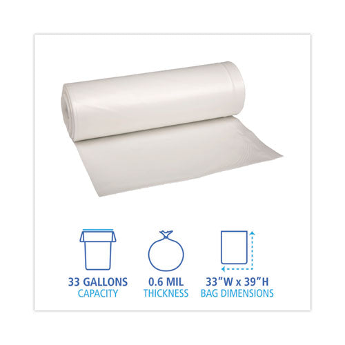 Image of Boardwalk® H6639HWKGR1 Low-Density Waste Can Liners, 33 gal, 0.6 mil, 33" x 39", White, Perforated Roll, 25 Bags/Roll, 6 Rolls/Carton