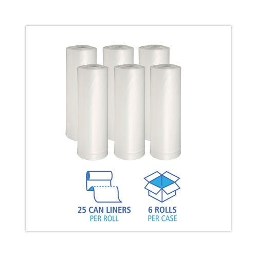 Image of Boardwalk® H6639HWKGR1 Low-Density Waste Can Liners, 33 gal, 0.6 mil, 33" x 39", White, Perforated Roll, 25 Bags/Roll, 6 Rolls/Carton