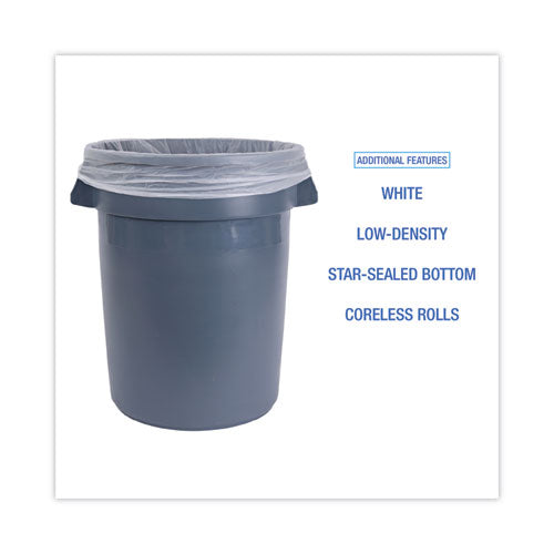 Image of Boardwalk® H6639HWKGR1 Low-Density Waste Can Liners, 33 gal, 0.6 mil, 33" x 39", White, Perforated Roll, 25 Bags/Roll, 6 Rolls/Carton