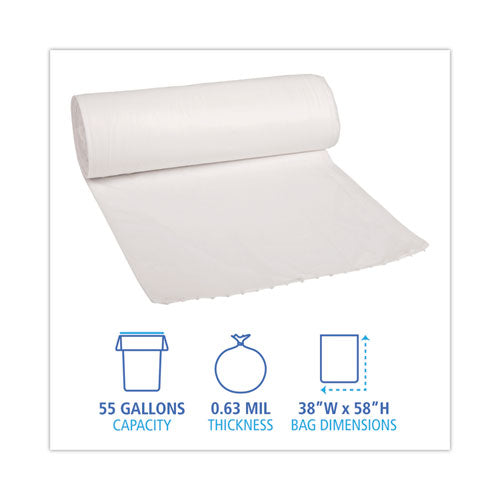 Image of Boardwalk® H7658MWKR01 Low-Density Waste Can Liners, 60 gal, 0.5 mil, 38" x 58", White, Perforated Roll, 10 Bags/Roll, 10 Rolls/Carton