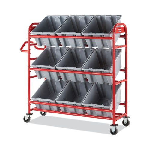 Image of Rubbermaid® Commercial 2144269 Tote Picking Cart, Metal, 3 Shelves, 450 lb Capacity, 57" x 18.5" x 55", Red