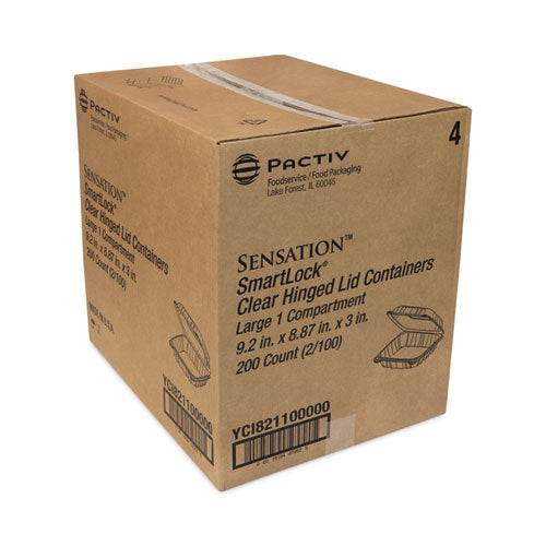 Image of Pactiv Evergreen YCI821100000 SENSATION SmartLock Hinged Lid Container, 9.2 x 8.9 x 3.1, Clear, Plastic, 200/Carton
