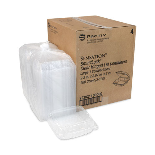 Image of Pactiv Evergreen YCI821100000 SENSATION SmartLock Hinged Lid Container, 9.2 x 8.9 x 3.1, Clear, Plastic, 200/Carton