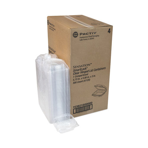 Image of Pactiv Evergreen YCI821600000 SENSATION SmartLock Hinged Lid Container, 5.7 x 6 x 3.1, Clear, Plastic, 500/Carton
