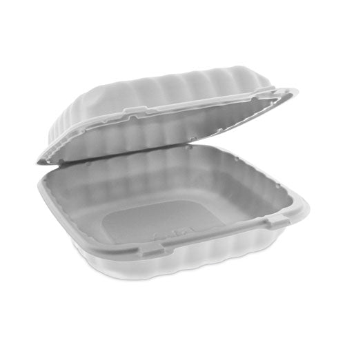 Image of Pactiv Evergreen YCN808010000 EarthChoice SmartLock Microwavable MFPP Hinged Lid Container, 8.35 x 8.35 x 3.1, White, Plastic, 200/Carton