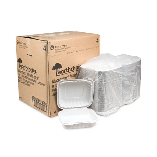 Image of Pactiv Evergreen YCN808010000 EarthChoice SmartLock Microwavable MFPP Hinged Lid Container, 8.35 x 8.35 x 3.1, White, Plastic, 200/Carton