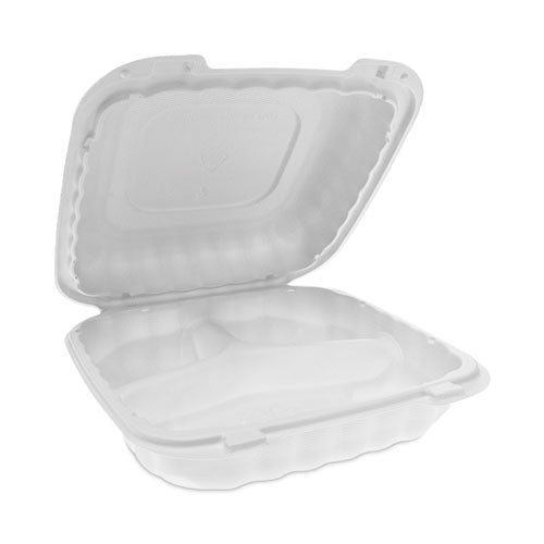 Image of Pactiv Evergreen YCN808030000 EarthChoice SmartLock Microwavable MFPP Hinged Lid Container, 3 Compartments, 8.35 x 8.35 x 3.1, White, Plastic, 200/Carton